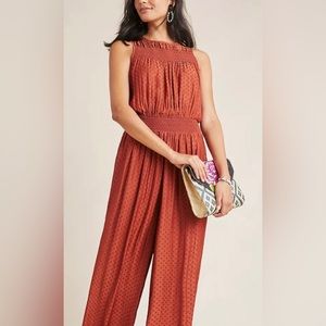 dRA Anthropologie Potter Smocked Cropped Wide Leg Jumpsuit Rust Copper Size S